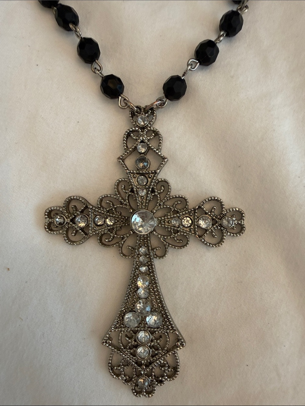 Vintage Style Filigree Cross Necklace Black Beads Rhinestone Statement Gothic